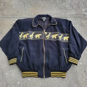 Vintage 80s Vital Elements Boho Bomber Jacket Size M Black Elephant Safari Coat